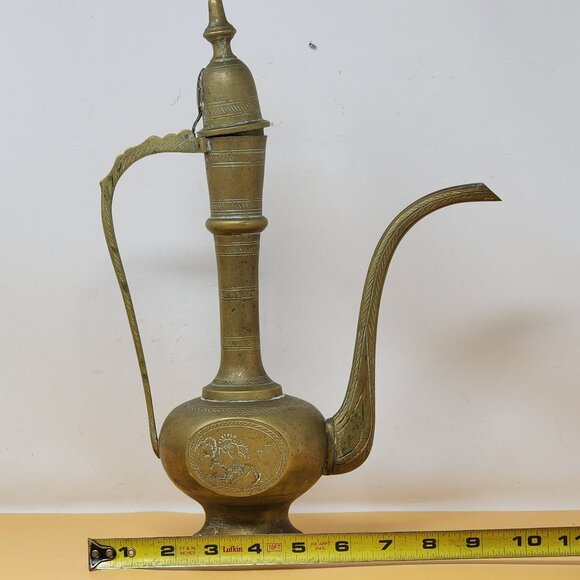 Vintage Brass Middle Eastern Dallah Coffee Pot Large Handcrafted Engravings - Picture 14 of 14